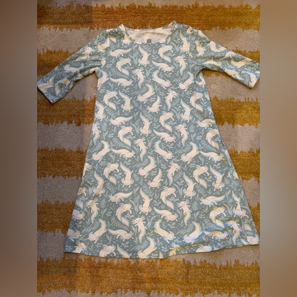 Winter Water Factory Helsinki women's dress axolotls surf blue XS organic cotton